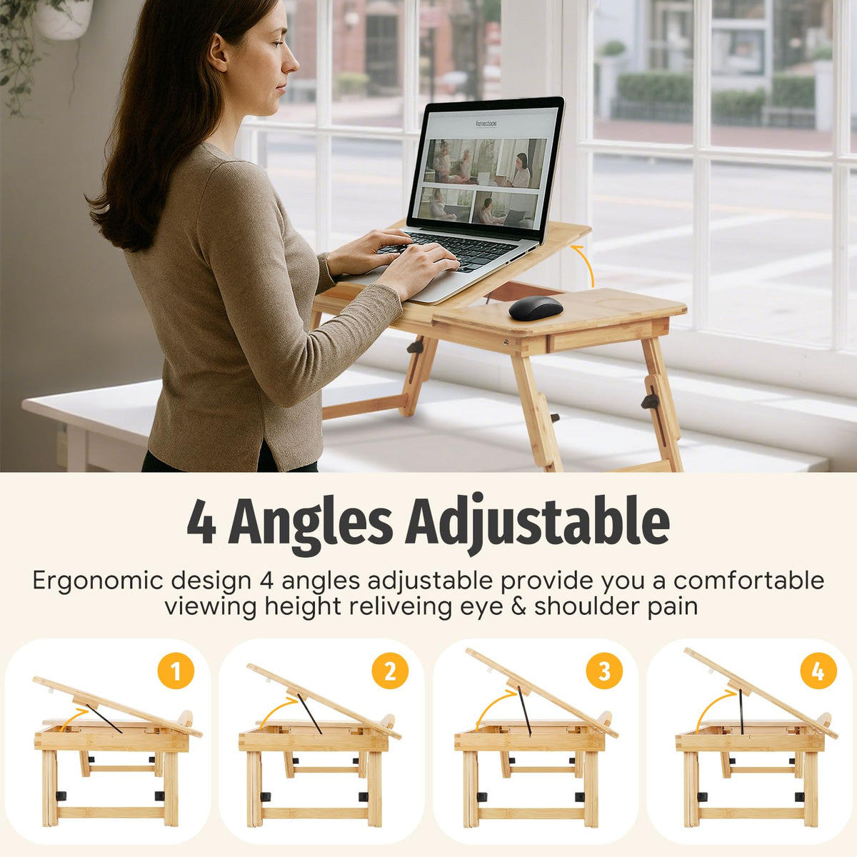 Usofhaus Bamboo Laptop Desk for Bed, Height & Angle Adjustable Foldable Lap Desk with Drawer & Cup Holder, Portable Bed Desk Table for Working, Reading, Writing or Breakfast on Sofa, Couch or Floor