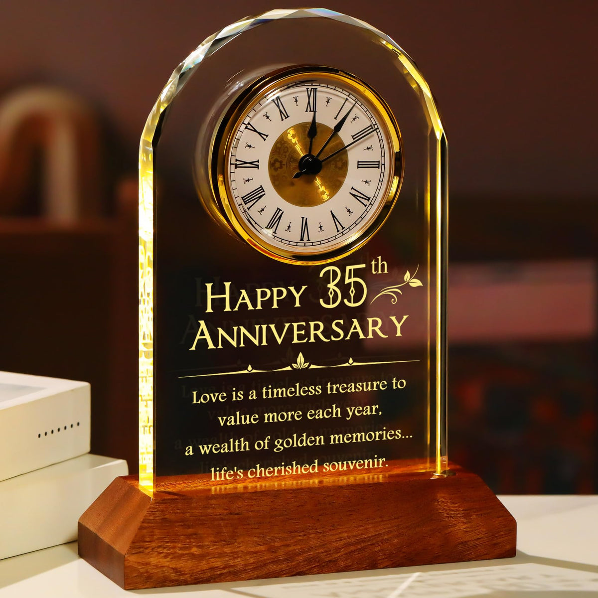 YWHL 35th Wedding Anniversary Clock Gifts for Couple, 35 Years for Wife Husband, Table Clock Glass Presents with Wooden Light Base for HomeDecoration (Battery not Included)