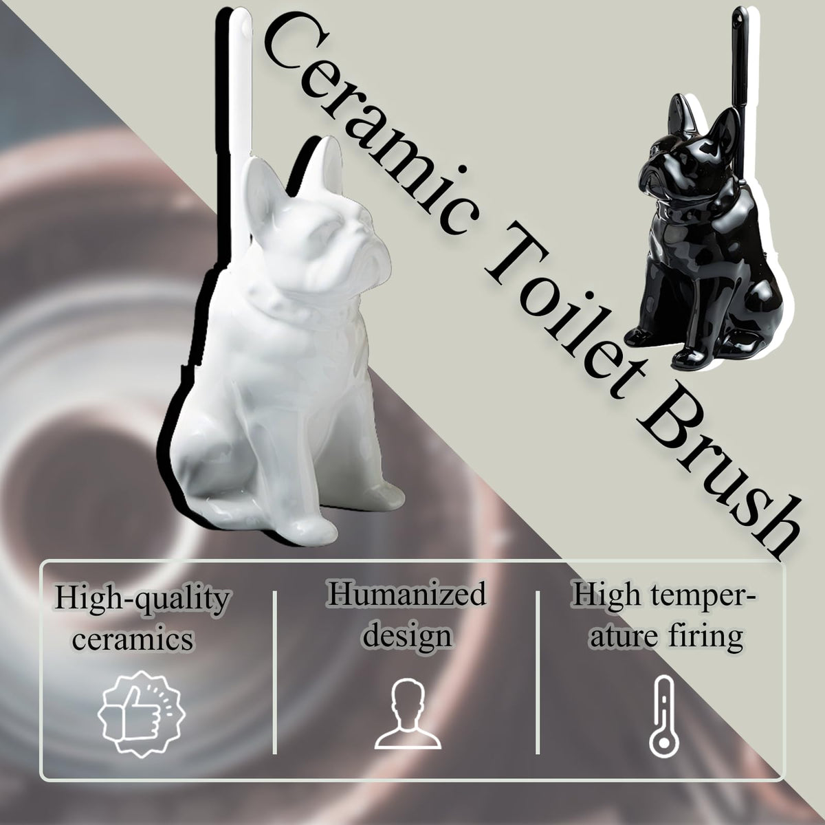 Ceramic French Bulldog Toilet Brush Holder – Cute Bathroom Decor with Hideaway Storage, Space-Saving Design, Premium Ceramic Dog Lover Gift, Includes 2 Durable Scrub Brushes (White)