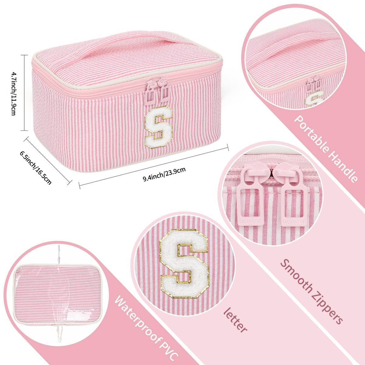 OCHEAL Makeup Bag for Women, Monogram Cosmetic Bag Pink Travel Makeup Case Beauty Toiletry Bag Organizer Personalized Gifts for Girls Bridesmaid, Sister, Wife, Friends Initial S