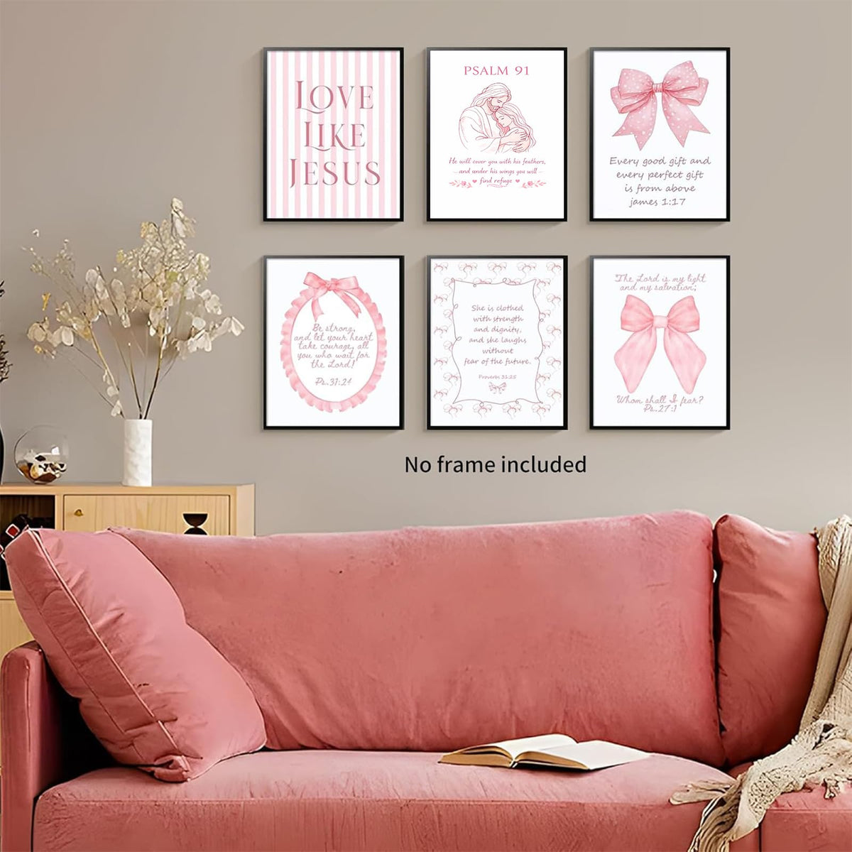 Pink Christian Wall Art Decor Posters Pink bow scriptures Inspirational Bible Wall Decor Room Bedroom Bathroom Dorm Wall Art Decor for College Teen Girls Gifts 10x8 Inch Set of 6pc Pictures UNFRAMED