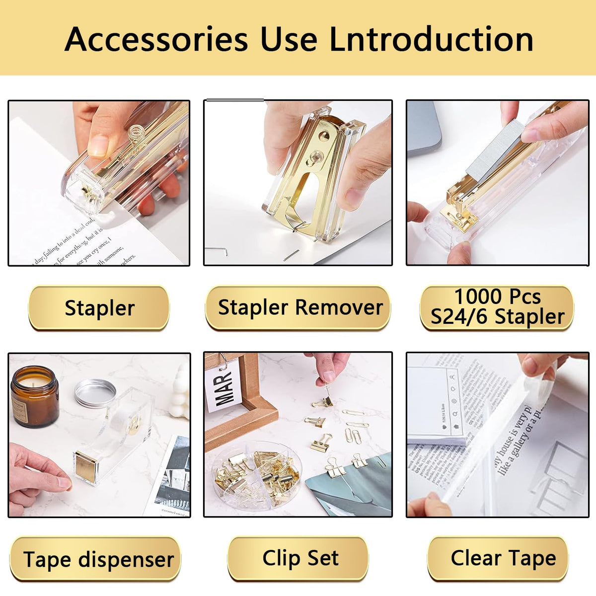 suniya Office Supplies,Gold Desk Accessories,with Stapler,Tape Dispenser,Pen Holder,Scissors,Phone Stand,Staple Remover,Ballpoint Pen,Clear Tape, Staples,Ruler,Clips,Best Gift for Business or Boss