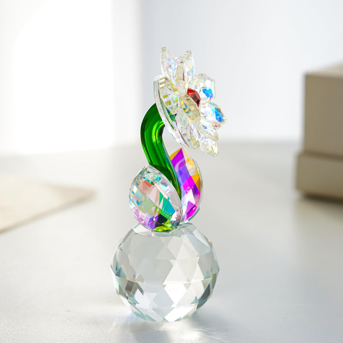 KRISININE Crystal Sunflower Figurine Handcrafted Glass Flowers Collectible Small Sunflower Paperweight Table Decoration for Home Decor(3.7 * 1.8inch)