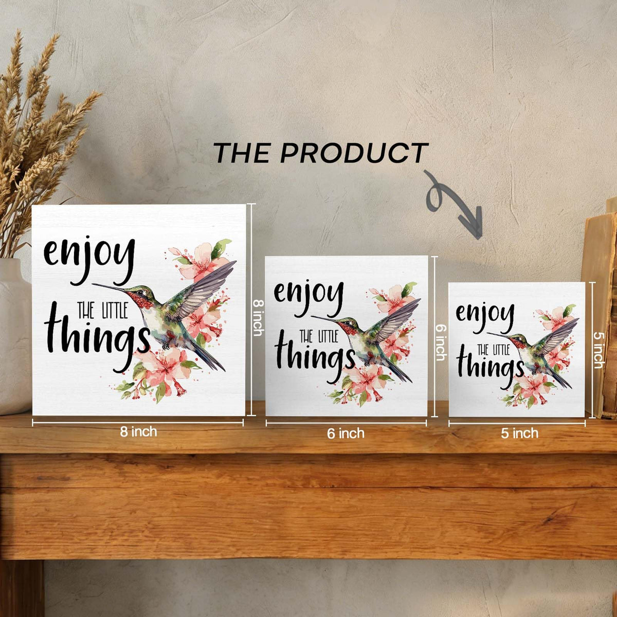GWOKPAAI Hummingbird Inspirational Wooden Box Signs Desk Decor, Hummingbirds Gifts for Women,Enjoy the Little Things Motivational Wooden Signs Desk Decorations for Home Bedroom Tabletop Shelf,5x5in