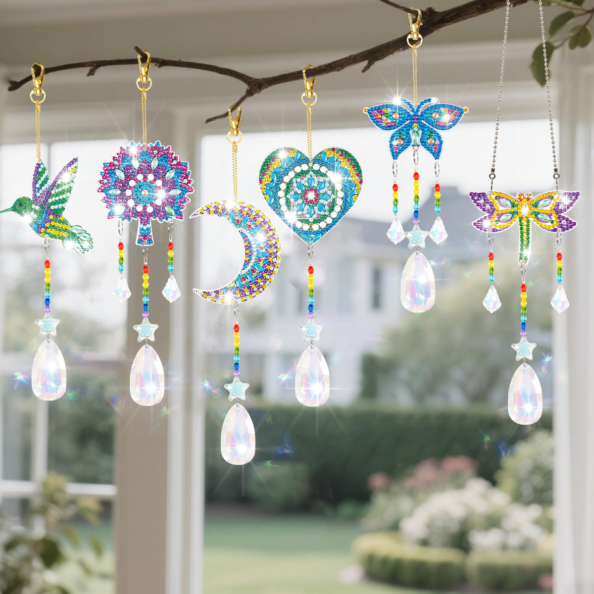 YUNVI 6 Pcs Diamonds Paintings Suncatcher, Double Sided 3D Diamonds Paintings Wind Chime Paint by Number, Diamond Paintings Hanging Ornaments for Adults Home Garden