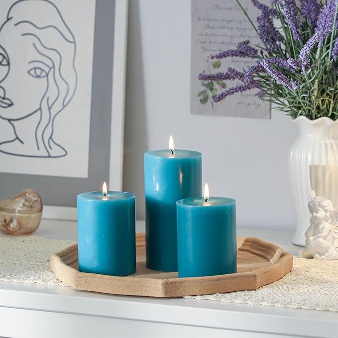 3x6 Inch Blue Pillar Candles Set of 3 - Unscented Pillar Candles, Long Burning Dripless Candles for Spring Home Table Decor, Smokeless Large Pillar Candle for Wedding, Dinner, Christmas, Rustic Decor
