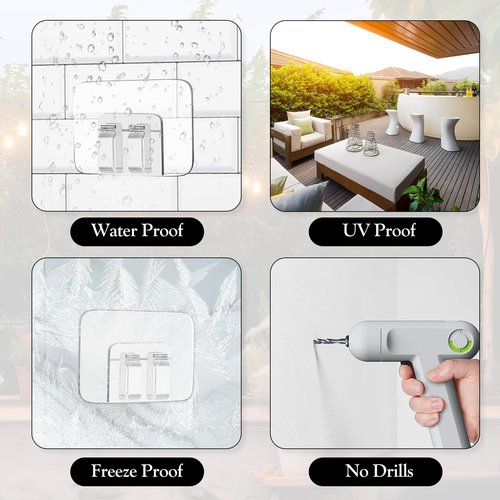 80Pcs Hooks for Outdoor String Lights Clips: Heavy Duty Cable Clips with Waterproof Adhesive Strips for Hanging Christmas Light - Outside UV-Resistant Clear Sticky Cord Holders Rope Organizer