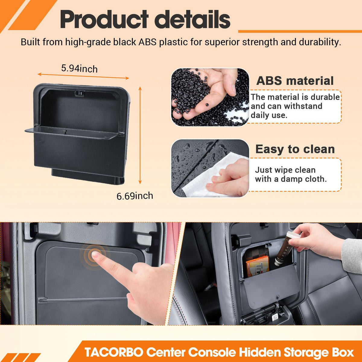 TACORBO Center Console Hidden Storage Organizer Compatible with Jeep Gladiator JT 2020-2024 and Jeep Wrangler JL/JLU 2018-2025, Wrangler 4XE One-Touch Armrest Hidden Secret Compartment Box