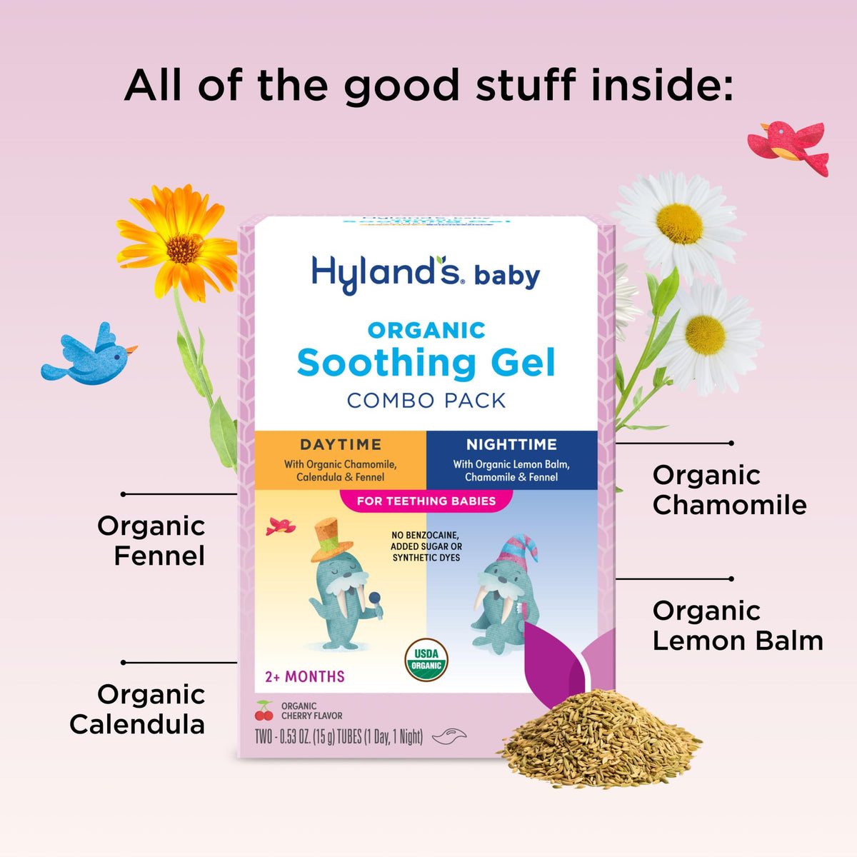 Hyland's Baby Organic Day and Night Soothing Gel Combo Pack, Cooling Gel for Oral Discomfort, Easy-to-Apply, Ages 2 Months and Up, 1.06 Ounce (2 Tubes of 0.53 oz.)
