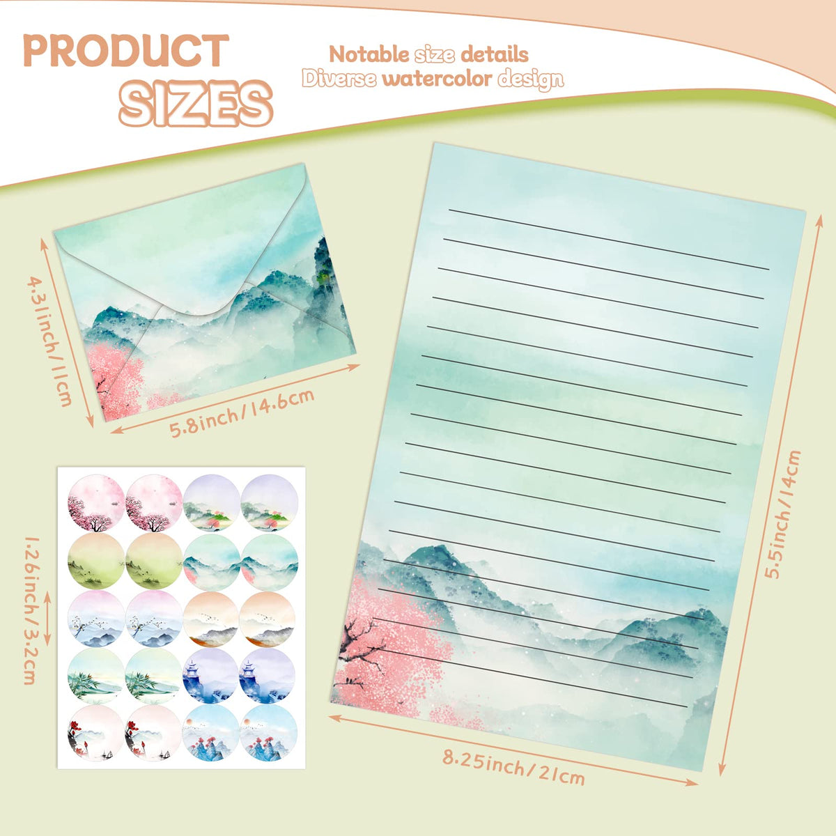 TaoBary 160 Pcs Stationery Paper Set 50 Double Sided Stationery Papers with 50 Matching Envelopes and 60 Round Dot Sticker, 10 Design(Ink Painting,5.5 x 8.25 Inch)