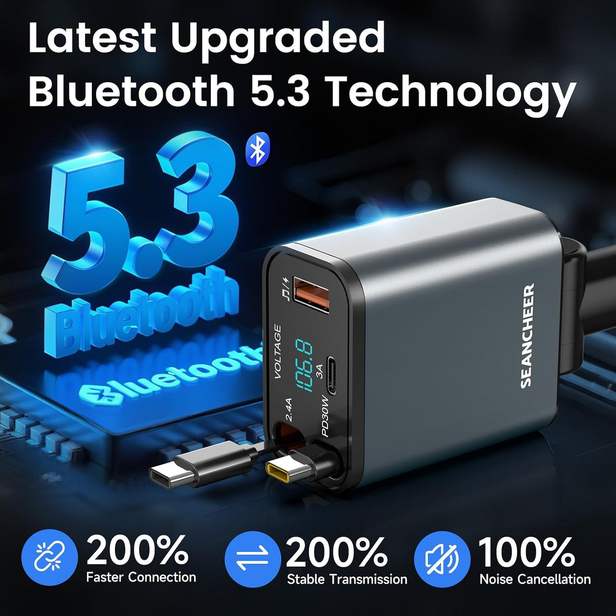 SEANCHEER 69W 2 5.3 MP3 Car Bluetooth Adapter & Car Charger USB C, Cigarette Lighter Adapter with Retractable Cables