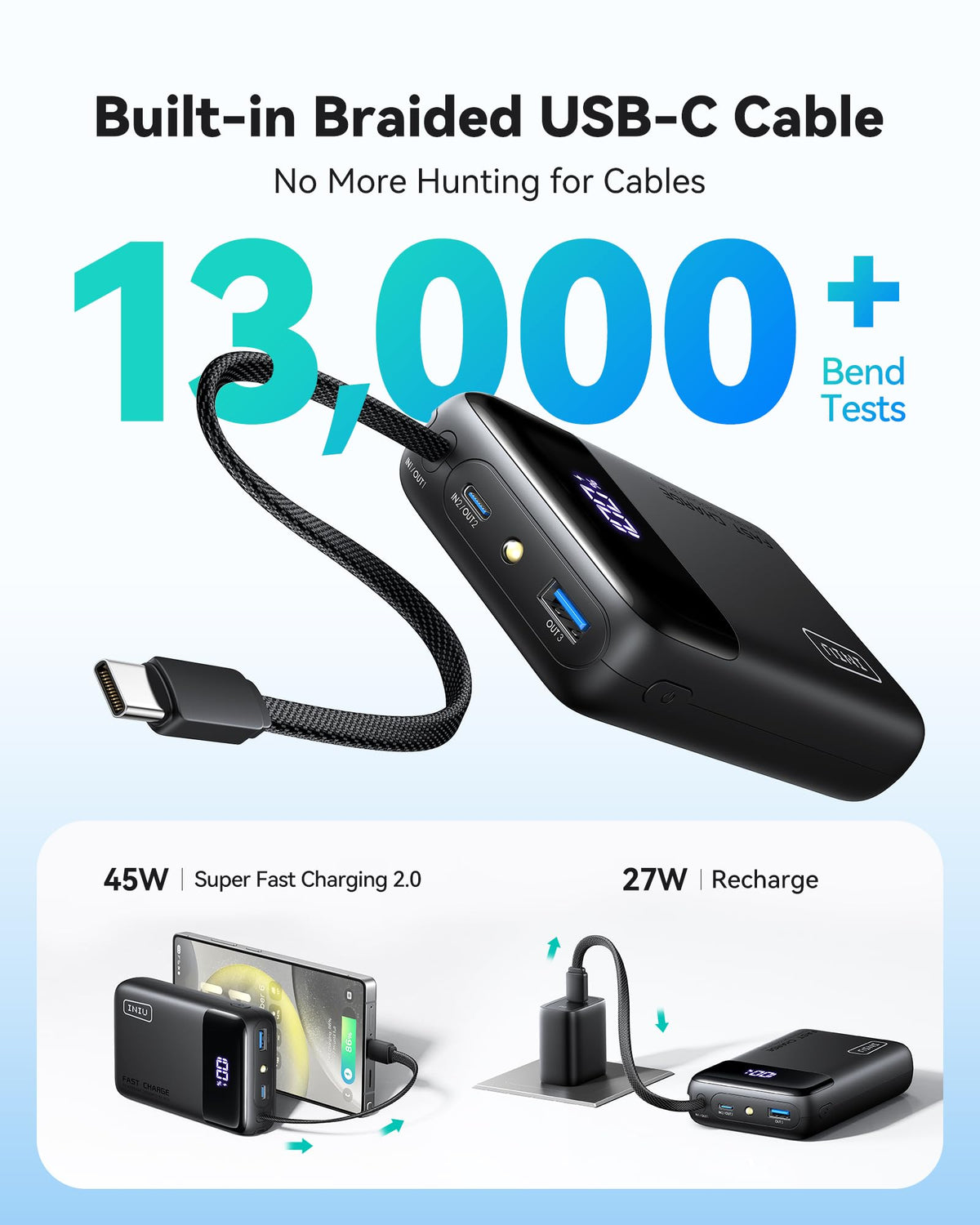 INIU 20000mAh Power Bank, Small Portable Charger, 45W PD Fast Charging Battery Pack with Build in USB-C Cable, Travel Phone Charger for iPhone 17 16 15 14 Air Samsung S25 S24 Google iPad Xiaomi, Black