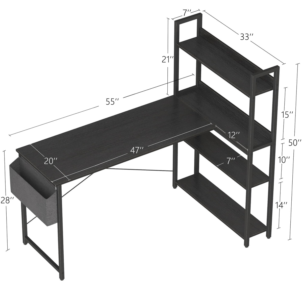 Treesland 55 Inch Small L Shaped Desk, Corner Desk with Bookshelf, Home Office Desk, Writing Study Desk for Bedroom, Black