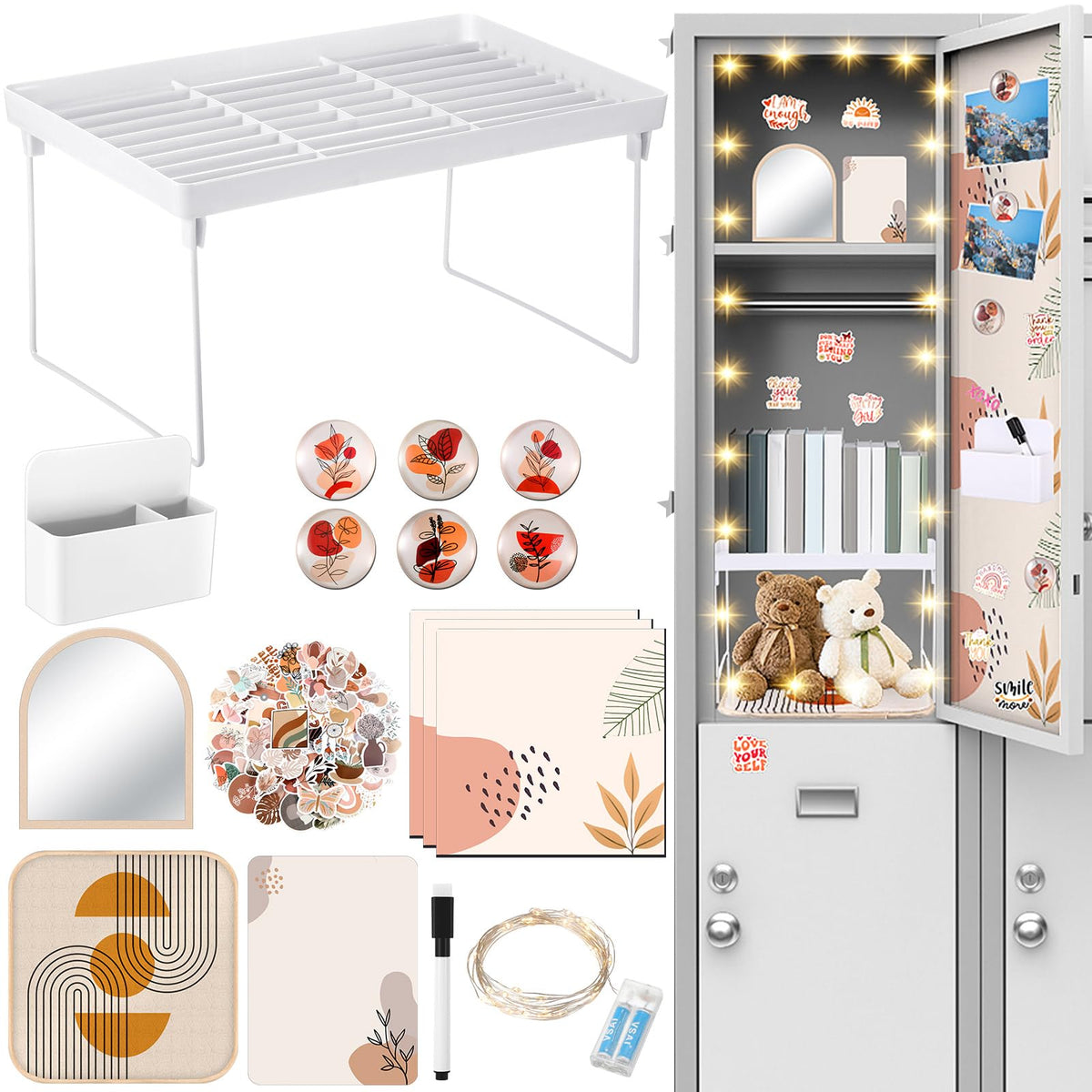 CroBlissful School Locker Accessories for Girls First Day of School Essentials Locker Decoration with Magnetic Wallpaper Mirror Pen Holder Shelf Faux Fur Rug Whiteboard Marker Magnets(Boho)