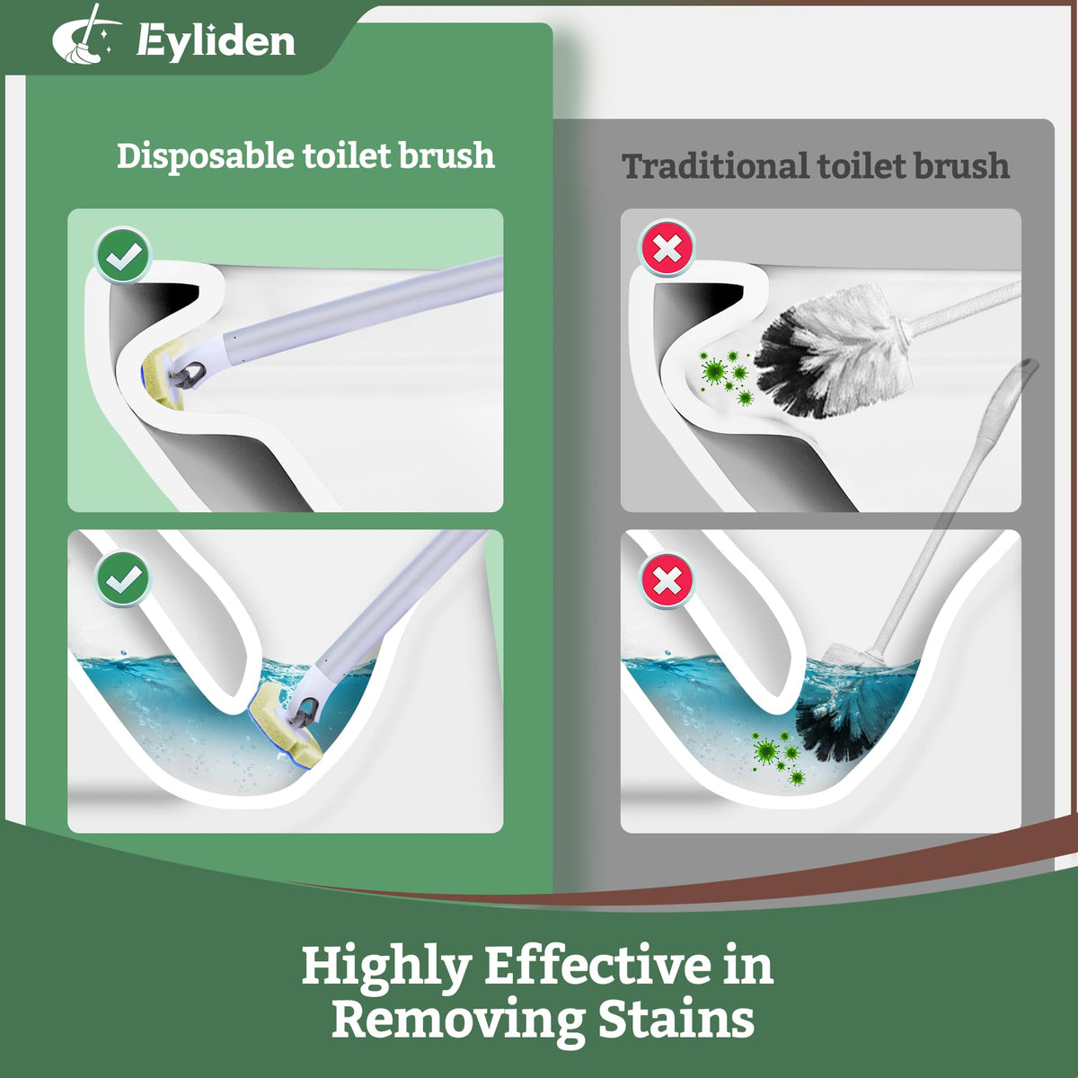 Eyliden Toilet Brush Set with 40 Refills, Disposable Toilet Cleaning Wand Kit with Pre-Soaked Sponge Heads, Hands-Free Toilet Bowl Cleaner Scrubber and Holder, White