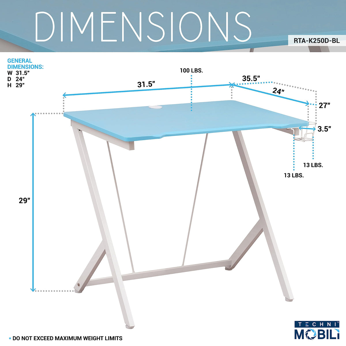 Techni Mobili Blue Gaming Desk - Small Gaming Desk with Cup & Headphone Holder - 31.5" Wide Blue Laminated Desktop Surface with Back Cable Management Opening - Student Desk for Bedroom
