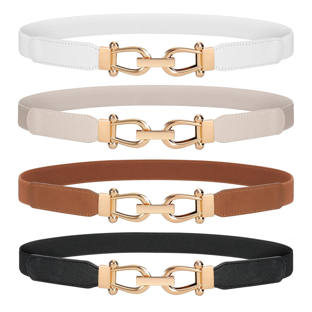 WERFORU Women Skinny Belt for Dresses Retro Stretch Waist Belt with Gold Buckle Set of 4,Black+Brown+White+Beige