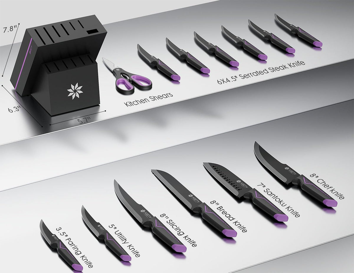 Knife Set - 15 PCS Kitchen Knife Set with Built-in Knife Sharpener Block - Stainless Steel Knife Block Set - Dishwasher Safe, Elegant Box for Men Women, Mothers Day