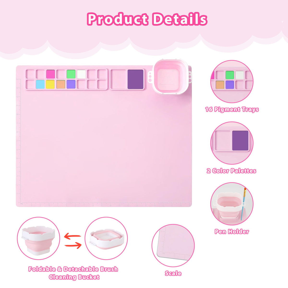 MEKOTRIN Silicone Painting Mat, 20"X16" Art Mat with Cup and Palettes, Silicone Craft Mat has 16 Color Dividers, Paint Mat for Artist Clay DIY Creations(Pink)