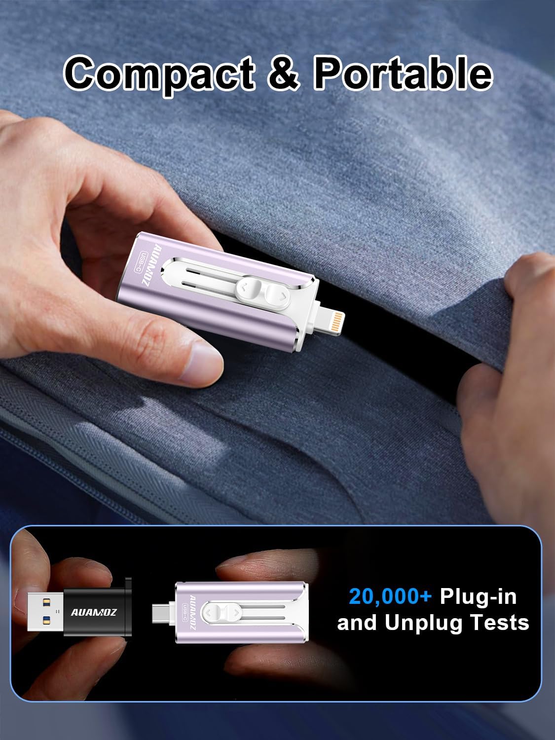 AUAMOZ 256GB 17/16/15/14/13/12/11, (1 Pack-Lavender Mini Dual Interface Flash Drive, Portable Memory Stick Compatible