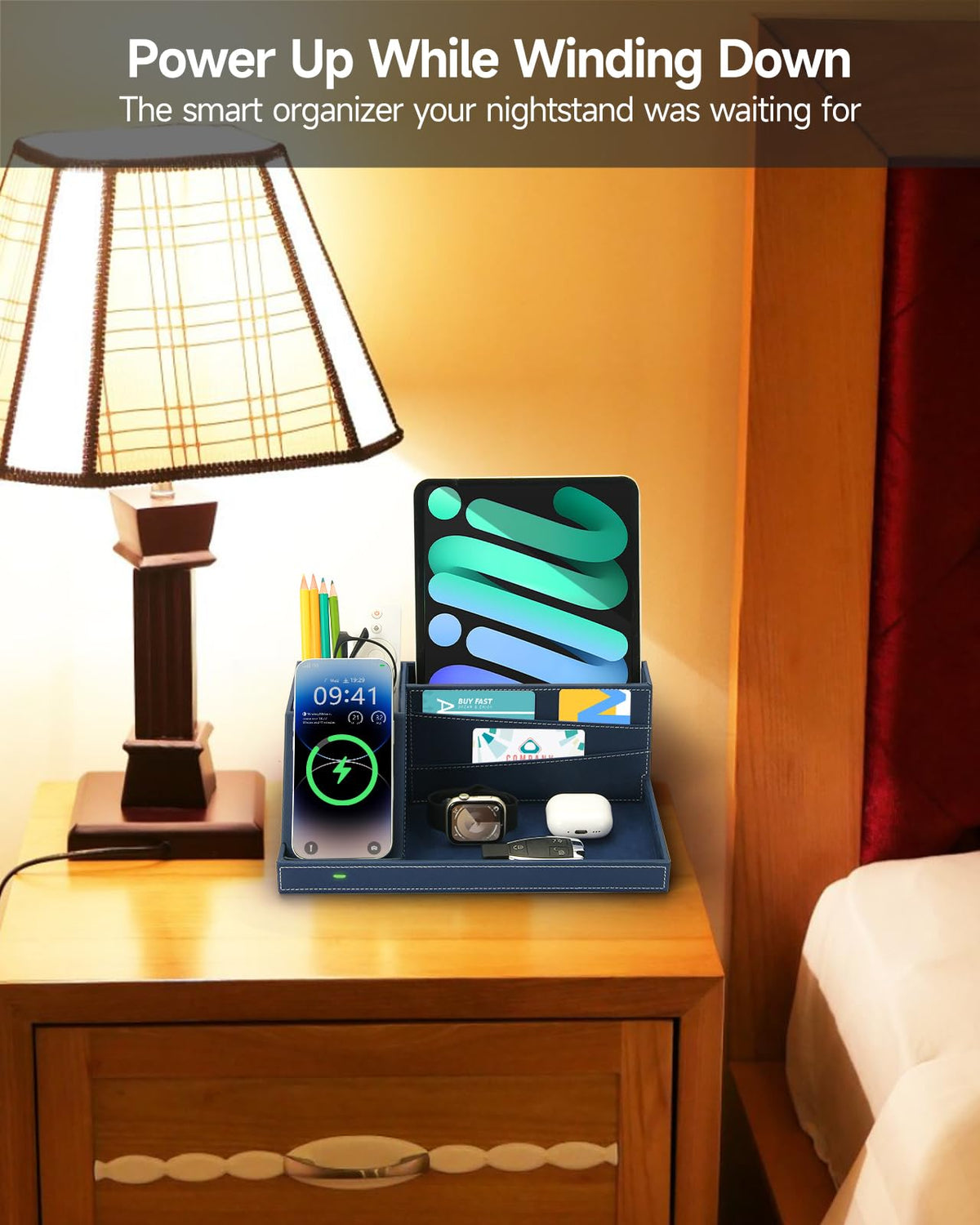 Desk Organizer with Charging Station, Nightstand Organizer Phone Docking Station, Men Gift Husband Wife Anniversary Dad Birthday Nightstand Purse Father Graduation Male Travel Idea Gadgets