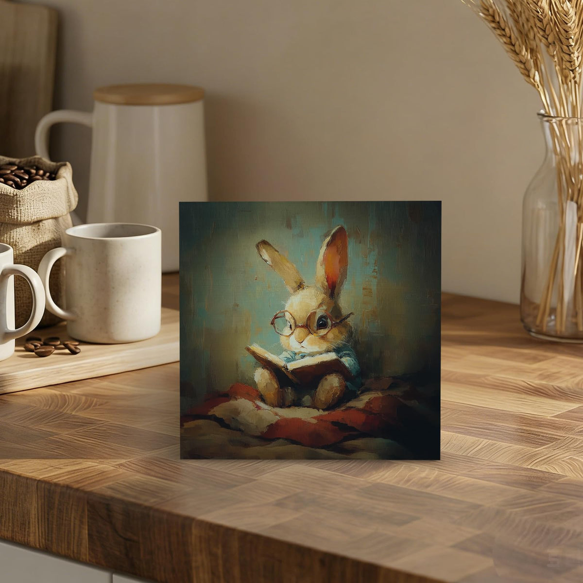 GWOKPAAI Moody Bunny Reading Book Wooden Box Signs Desk Decor, Book Lover Gifts, Moody Rabbit Bookish Wooden Signs Desk Decorations for Reading Room Nook Corner Library Tabletop Shelf Wall, 5x5in