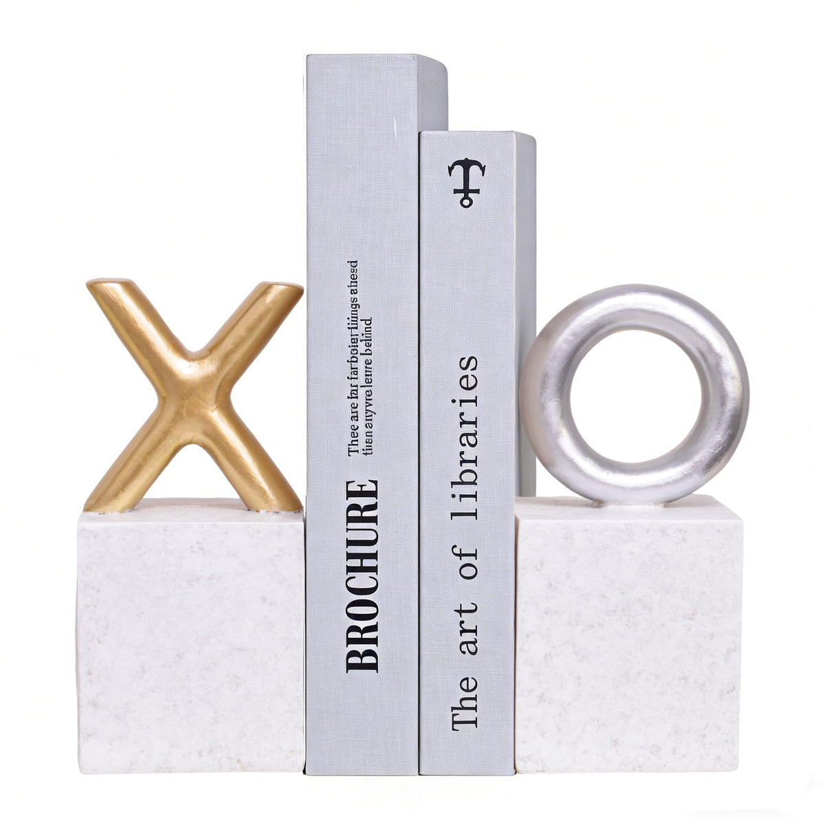 Kakizzy Modern Decorative Bookends,Resin Book Ends for Shelves,Unique X and O Design Book Stopper Decor for Desk Home,Non-Slip Book Holder Shelf Decor,Gifts for Valentine's Day (Gold/Silver)