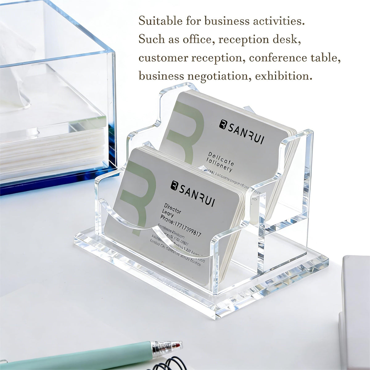YUXUN Acrylic Business Card Holder for Desk-2 Tier 2 Slots, 3.5"×2" Multiple Business Card Holder Organizer for Women Men, 100+ Business Cards for Office Exhibition Home