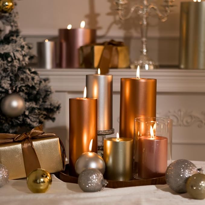 MOZEAL 3" x 8" Hand-Poured Unscented Large Candle, Smokeless Rustic Pillar Candle Set of 2, Slow Burn, No Drip, Approx 150 Hours Burning, Wedding, Dinner, Fall and Home Decorative, Tall Copper Candle