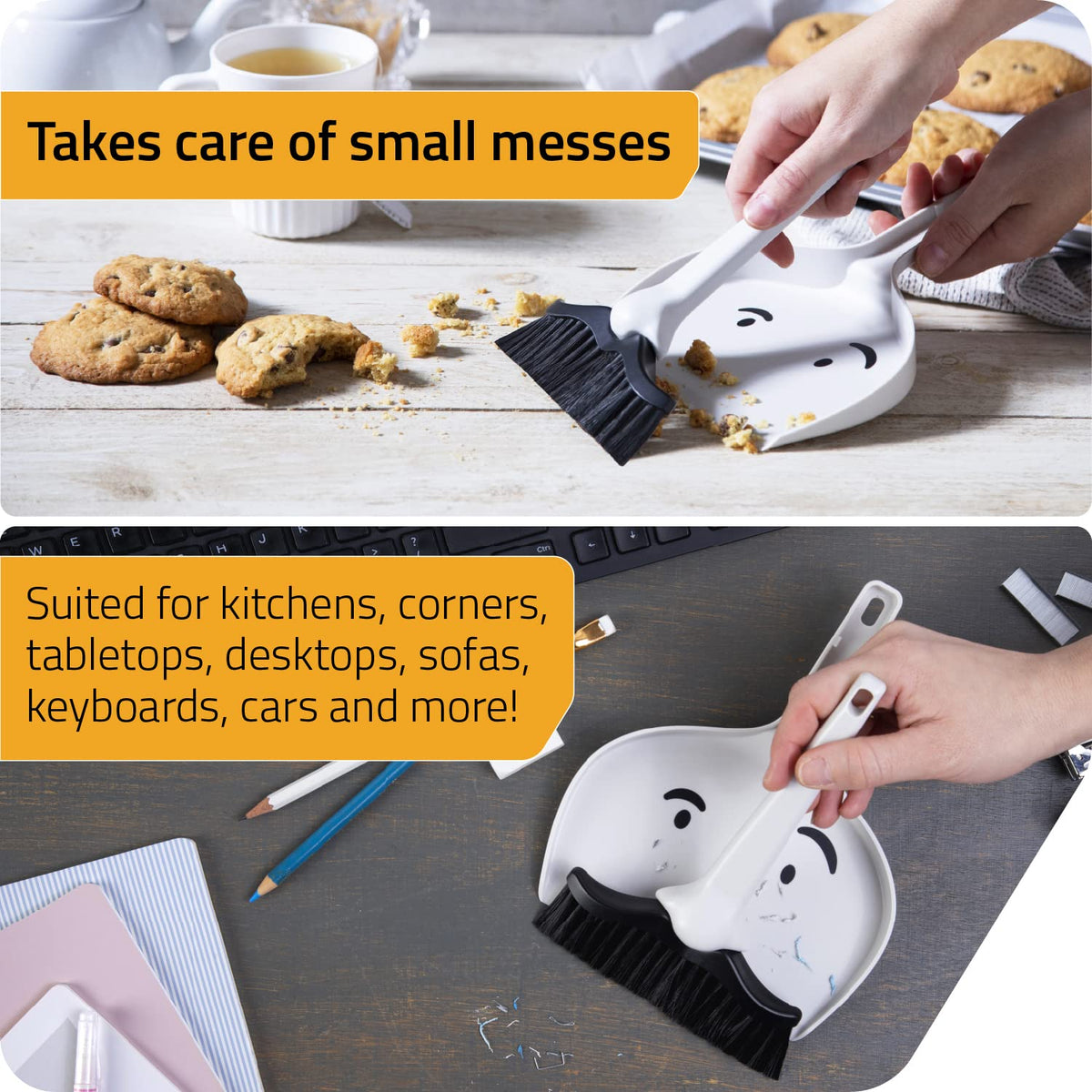 Peleg Design Dustache Small Dustpan and Brush Set, Mini Broom and Dustpan Set, Mustache Design, Small Broom and Dustpan Set, for Home & On-The-Go