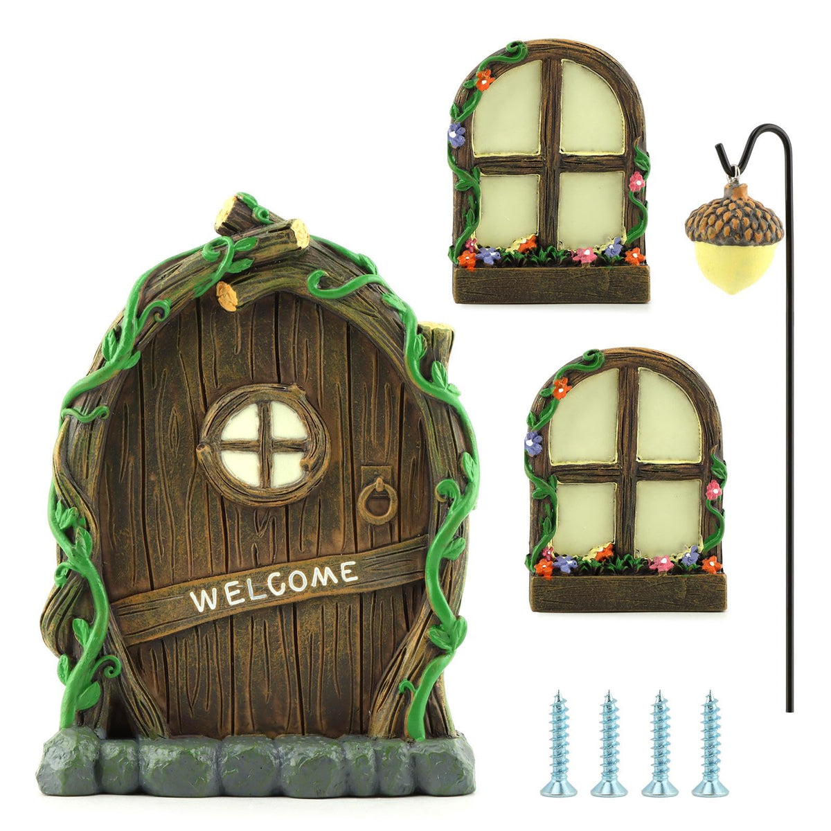 NOVYQREN Miniature Fairy Door and Windows Garden Kit Accessories,Glow in The Dark Fairy Door Windows Yard Art Sculpture Decoration Garden Decor(Wood)