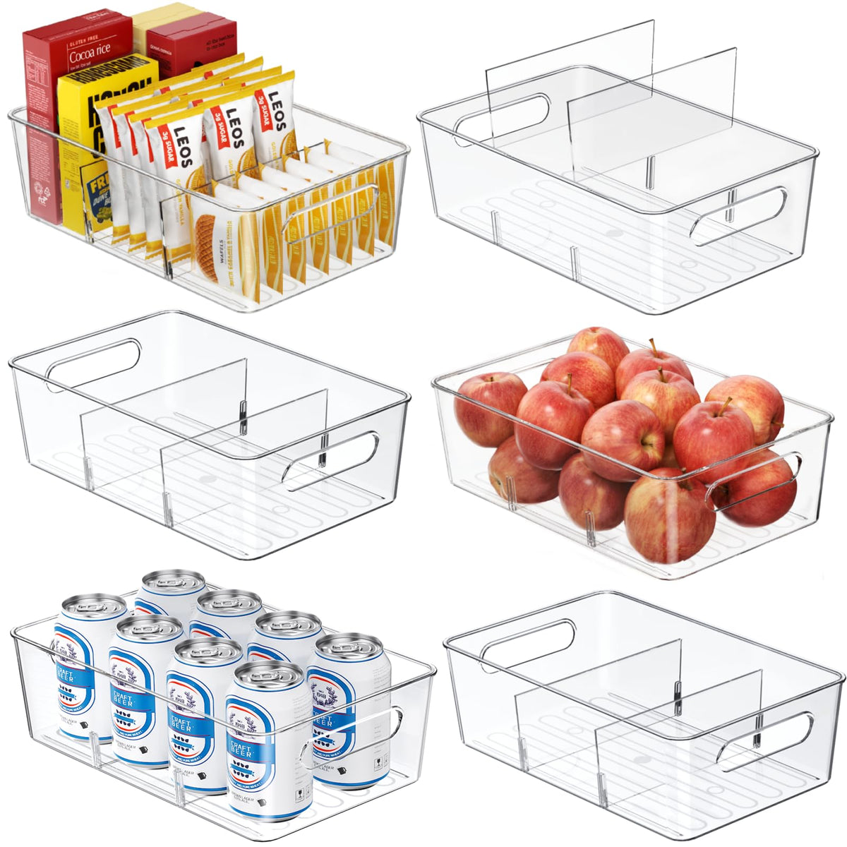 Mpotmiy 6 Pack Pantry Organizers and Storage,Clear Plastic Containers with 2 Dividers for Kitchen,Fridge Organization and Storage,Acrylic Bins for Pounches,Spice Packet,Snack organzier