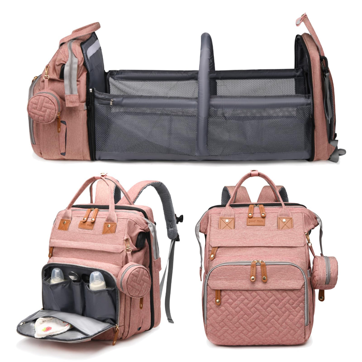 Jeryswet Baby Diaper Bags with Changing Station, Waterproof Large Capacity Diaper Bag Backpack for Moms Dads with USB Charging Port and Stroller Straps, Baby Shower Gifts, Pink