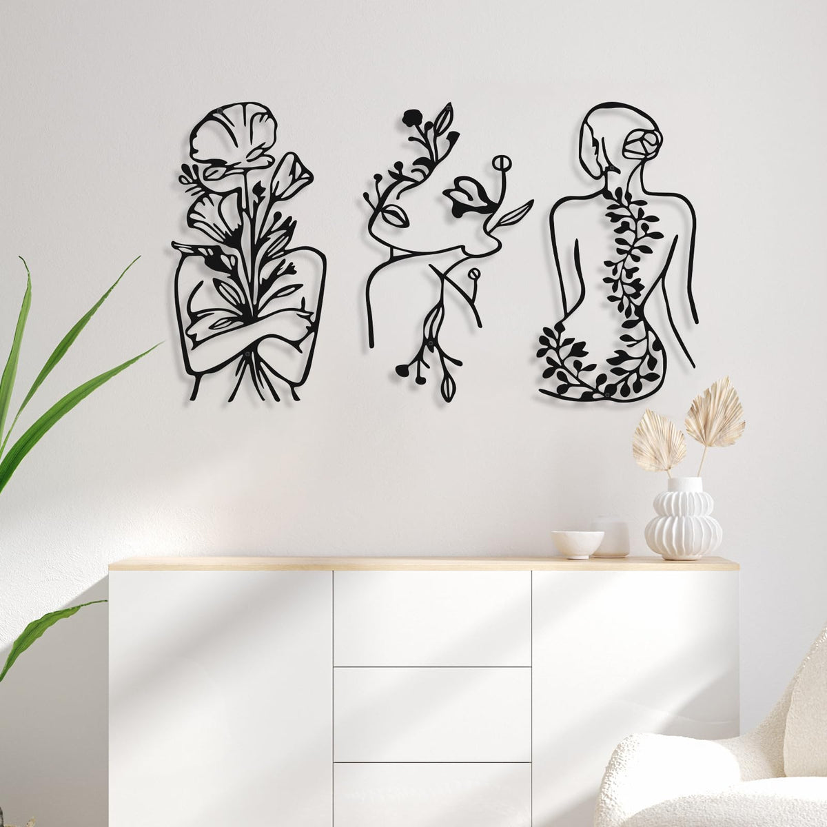 Photect 3 Pcs Metal Wall Art Decor Minimalist Abstract Woman Wall Art Metal Modern Line Drawing Decor Female Single Line Home Hanging for Bedroom Bathroom Living Room Housewarming(Plant,Black)