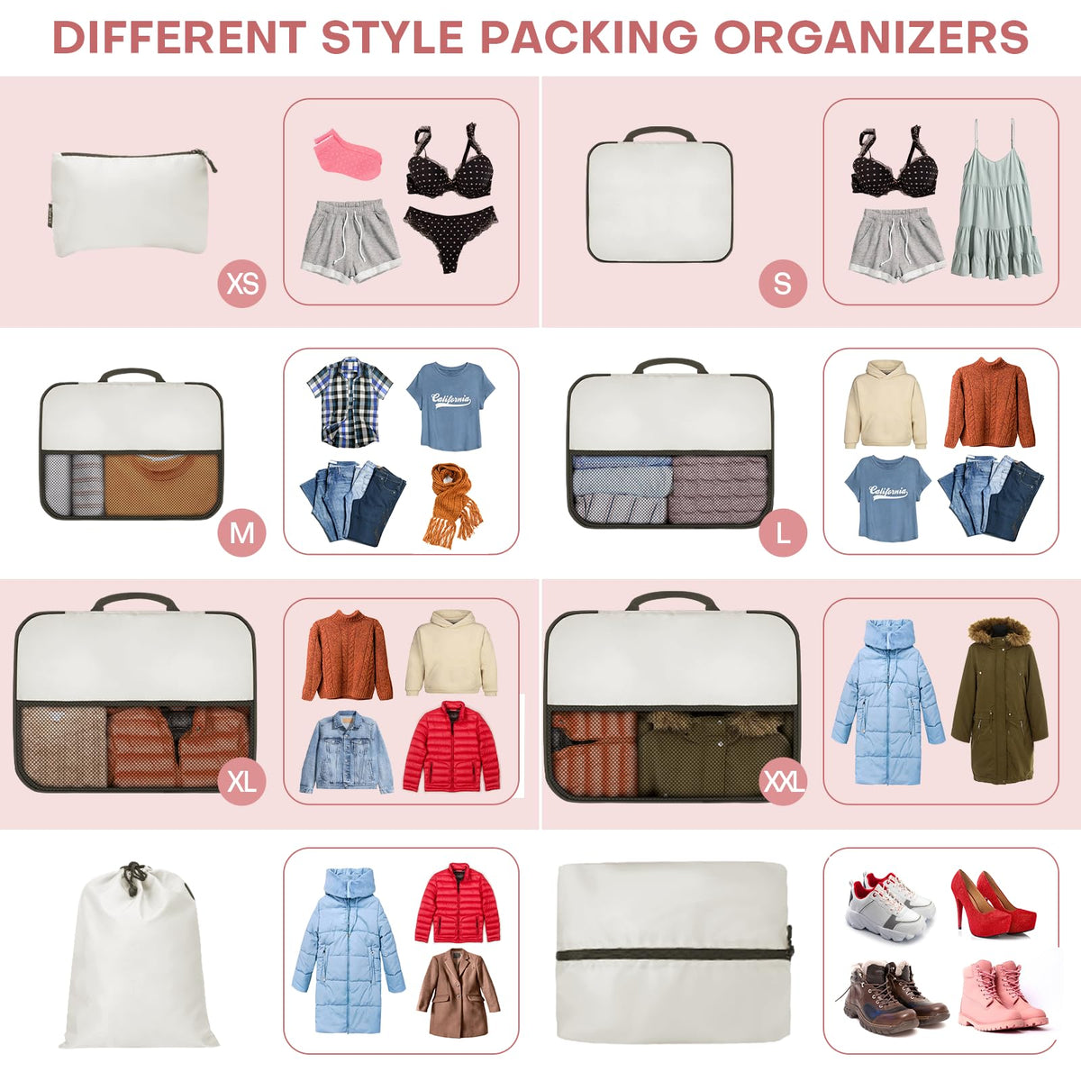 SDGFUI 8 PCS Compression Packing Cubes for Travel Women, Compression Bags Organizer for Luggage Space Saving Travel Essentials and Carry on, Luggage Organizer Bags for Suitcase - Beige