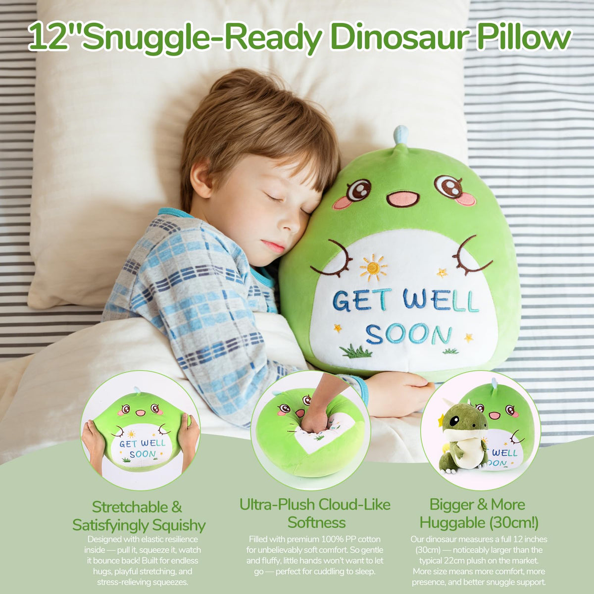 Get Well Soon Gift for Kids, Feel Better Gifts for Kids Boys, Dinosaur Stainless Steel Vacuum Tumbler & 12'' Get Well Soon Unicorn Plush Pillow, After Surgery Gifts for Boy (Dinosaur)