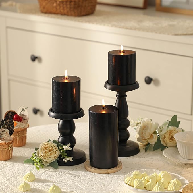 3x4 Inch Black Pillar Candles Set of 3 - Decorative Unscented Pillar Candles, Long Burning Dripless Candle for Home Decor, Smokeless Large Pillar Candle for Wedding, Dinner, Christmas, Halloween Decor