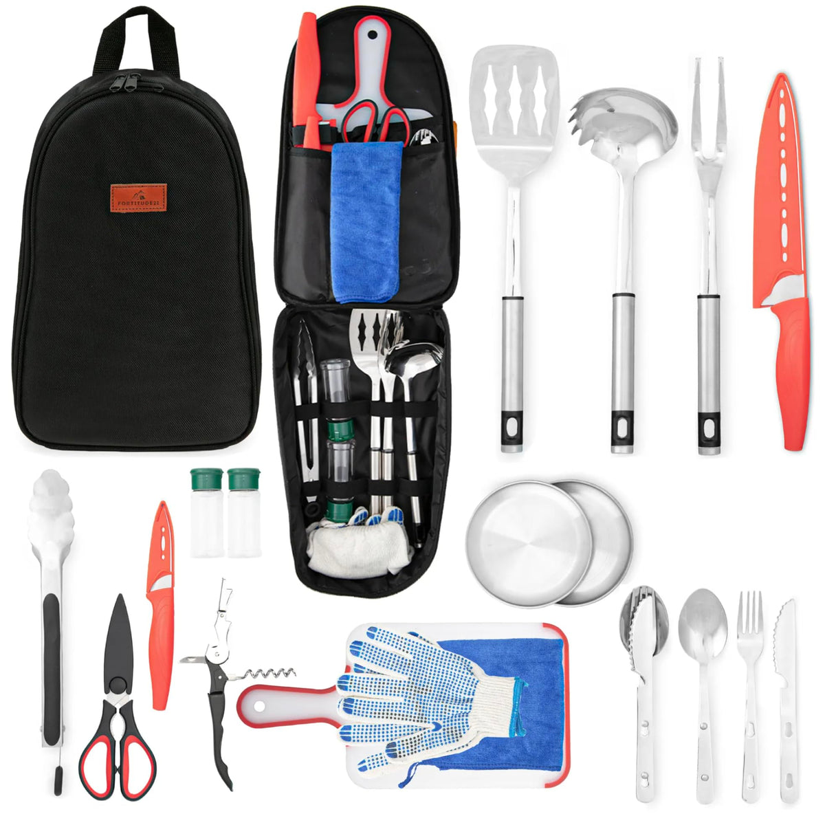 Fortitude21 Camping Gear, Cooking Set, 21pcs Accessories Cooking, Kitchen Camp & Organizer, Utensil Equipment, Tools Stuff Black