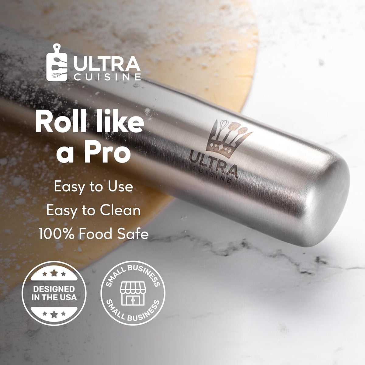 Ultra Cuisine French Rolling Pin - Tapered Design for Baking Pizza, Cookies & Pastry Dough | 15.75-Inch Stainless Steel