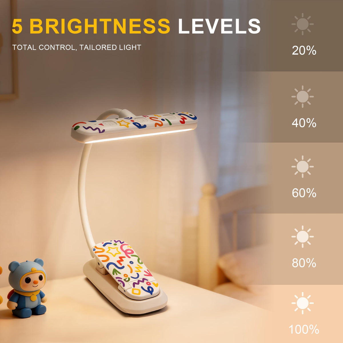 Hoxutym Rechargeable Kids Book Light 25 LEDs - Reading Light for Kids, Eye Caring 3 Colors & 5 Brightness Levels, Extended 1200mAh Battery, Gifts for Kids & Book Lovers (White Doodle)