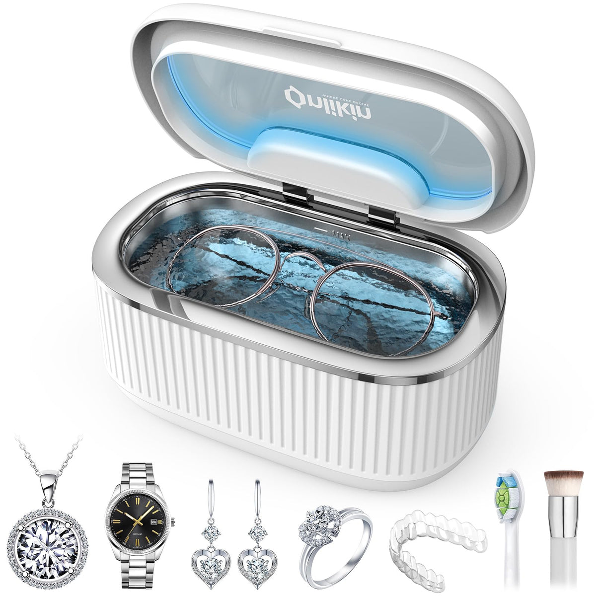 onlikin 35W Ultrasonic Jewelry Cleaner, 45KHz Retainer Cleaner for Jewelry, 5 Timer & 3 Power Modes, Eyeglasses, Rings, Watch Strap, Dentures - 20oz, 304 Stainless Steel Tank, Quiet <38dB (White)