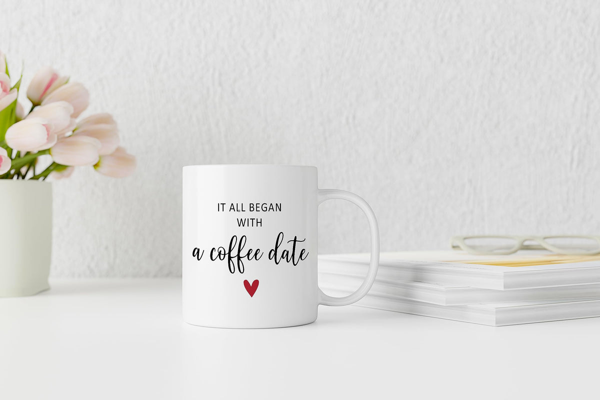 QASHWEY Valentines Day Coffee Mug, Girlfriend Gifts, Couple Gifts, Romantic Gifts for Her Him, Fiance Gifts for Her, Wedding Gifts Coffee Cups Ceramic 11oz, It All Began With a Coffee Date Tea Cup