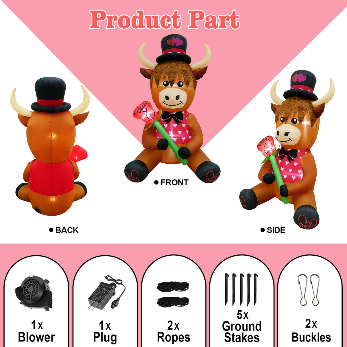 inslife 5FT Tall Valentine's Day Inflatable Highland Cow Holding a Rose, Blow Up Valentine's Day Outdoor Decoration Built-in 3 Led Lights for Wedding Propose Indoor Yard Party Supplies