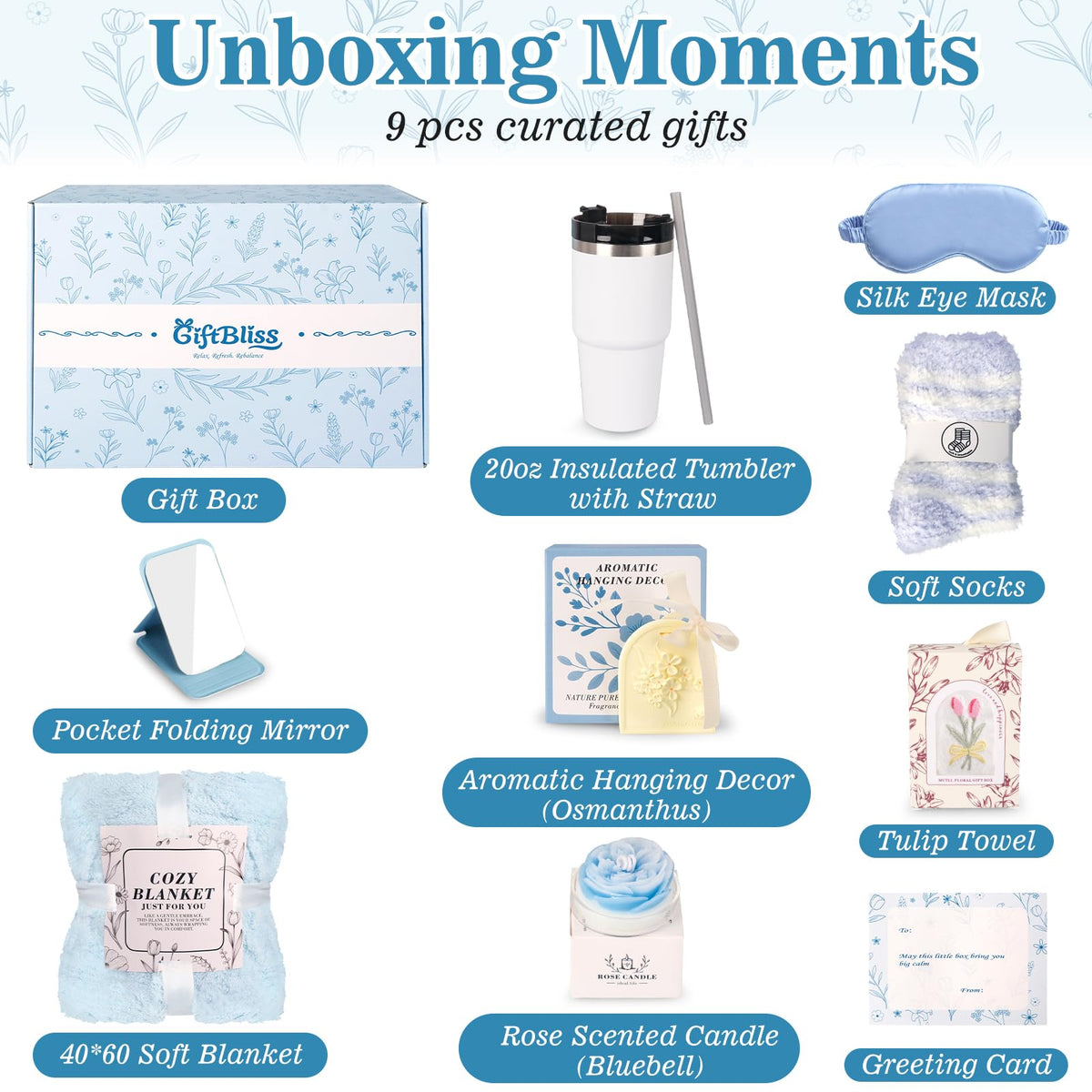 GiftBliss Spa Gift Baskets For Women, Self Care Gift Basket, Comfort Baskets For Women, Get Better Soon Care Package , Birthday Gifts For Girls, Hug In A Box Sympathy, Stress Relief Gifts For Men