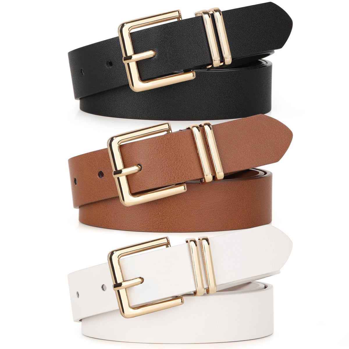 UnFader Pack 3 Women Belts for Jeans Pants, Fashion Gold Buckle Leather Belts
