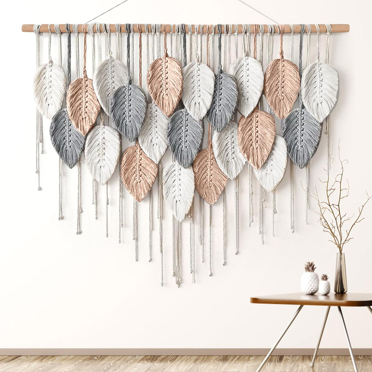 Alynsehom Large Macrame Wall Hanging, Boho Woven Tapestry, Chic Modern Bohemian Handmade Leaf Feather Wall Art Home Decor for Apartment Dorm Living Room Bedroom Nursery Backdrop (39" W X 29.5" L)