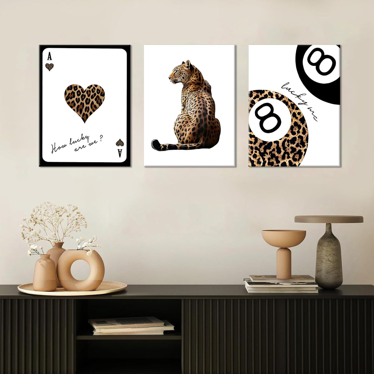 Trendy Leopard Wall Art Set of 3 Cheetah Print Canvas Wall Decor Lucky 8 Ball Paintings Posters Prints Preppy Room Aesthetic Pictures Artwork for Living Room Bedroom Apartment Dorm 12x16inch Framed