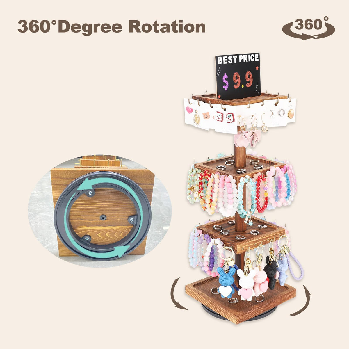BDBDYEAY Bracelet Holder, 360° Rotating Jewelry Holder Organzier with Tray, Wooden Jewelry Tower with 48 Hooks, 4-Tier Large Capacity Jewelry Display Stand for Vendors Sell Bracelet Keychain Earring