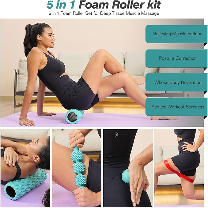 5 in 1 Foam Roller Set - Trigger Point Foam Back Roller, Muscle Roller Stick, Massage Ball, Stretching Band for Deep Muscle Massage Pilates Yoga,Fitness Exercise for Whole Body Release