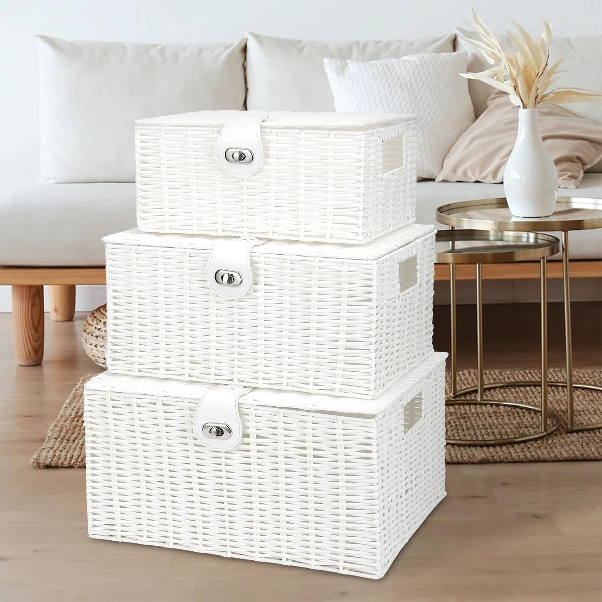 Honygebia White Wicker Storage Baskets - Set of 3 Decorative Nesting Boxes with Lids, Woven Basket with Lock & Handle, Organizer for Beauty Makeup Bathroom Decor